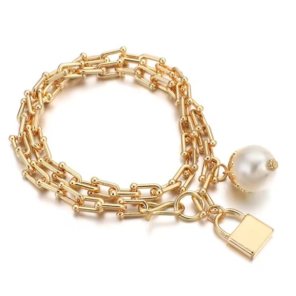 Graduated Link Elegant Gold Chain Lock Pearl Charm - Picture 5 of 14